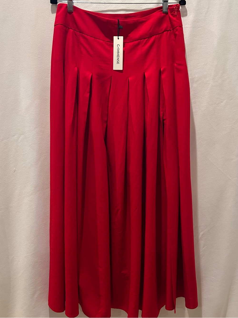 COMMENSE Red Cotton & Linen Pleated Slit Skirt